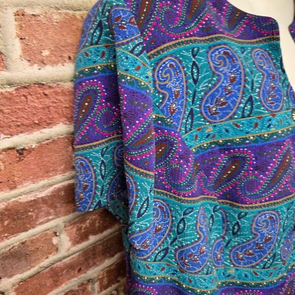 Leslie Fay Vintage Paisley Blouse Green Blue Size 20WP Padded Shoulder Top - Picture 3 of 7